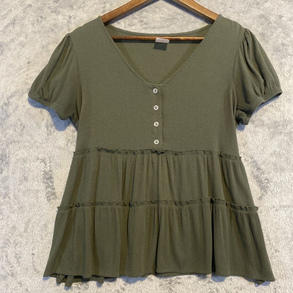 No Boundaries Top Juniors Sz 11/13 Green Babydoll Y2K Tiered Ruffle‎ Boho Preppy